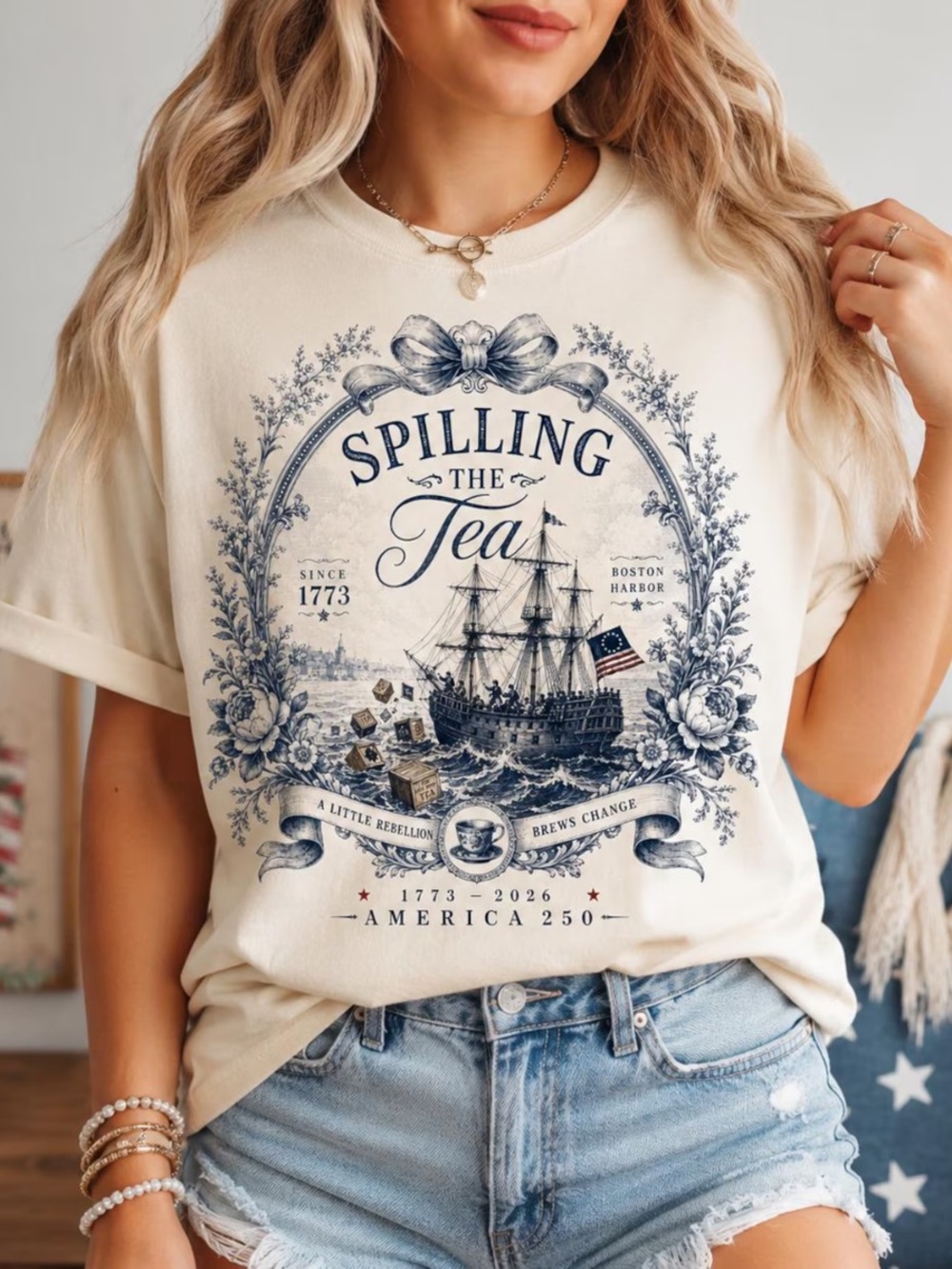 Comfort Colors Ivory Graphic Tee with Navy Historic Ship Print